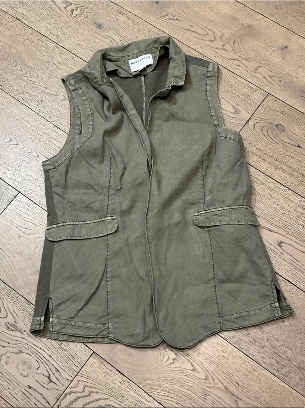 Woman’s Marrakech sage green vest. Large. Front-linen, back-cotton. Pockets.